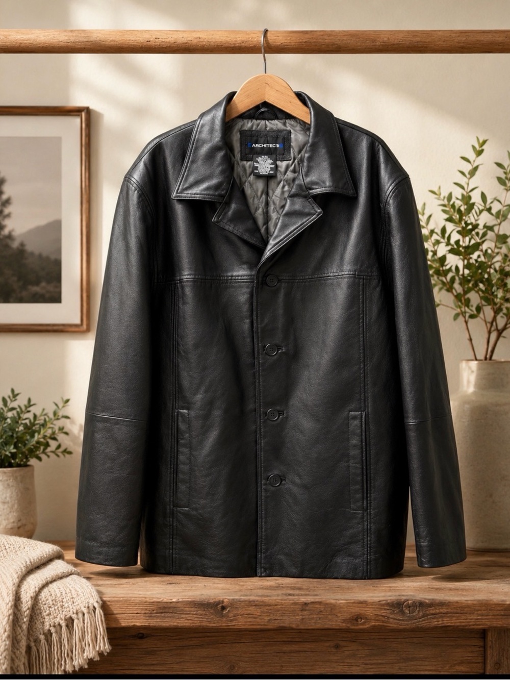 Architect Black Leather Button-Front Men's Jacket size xl